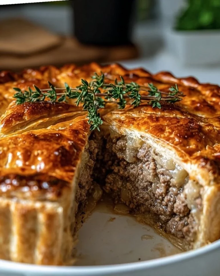 A delicious French-Canadian meat pie, showcasing a golden crust and savoury filling.