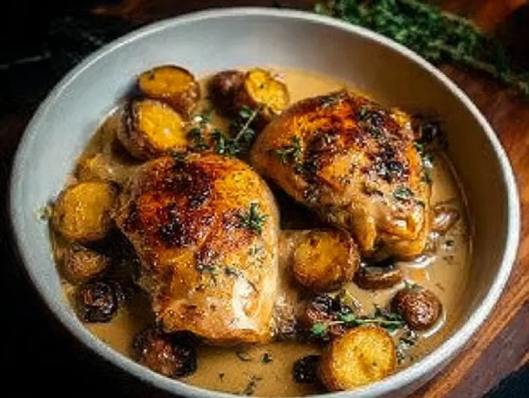 Delicious herb roasted chicken in a creamy white wine sauce served on a plate