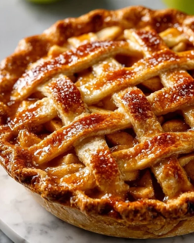 Freshly baked homemade apple pie with golden crust and shiny apple filling