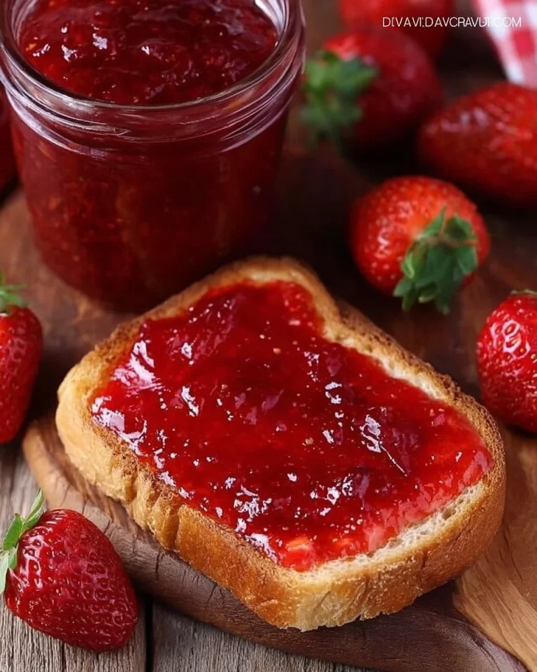Homemade Canadian strawberry jam in a jar with fresh strawberries nearby.