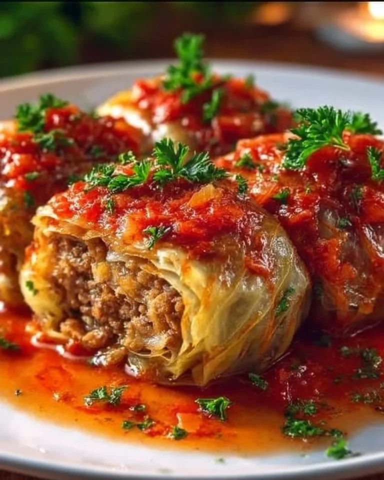 Plated homemade stuffed cabbage rolls with tomato sauce and herbs.