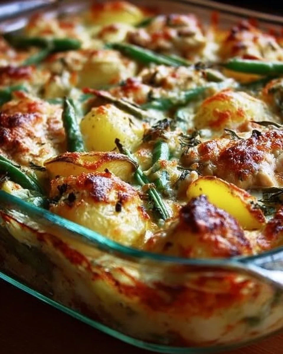 Italian Chicken Bake with potatoes and green beans in a casserole dish