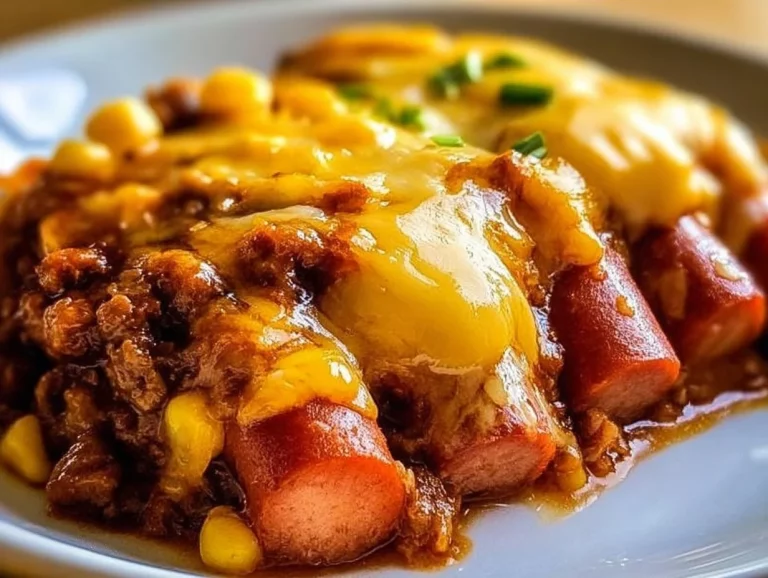 Keto Chilli Dog Casserole served in a baking dish topped with cheese and jalapeños.