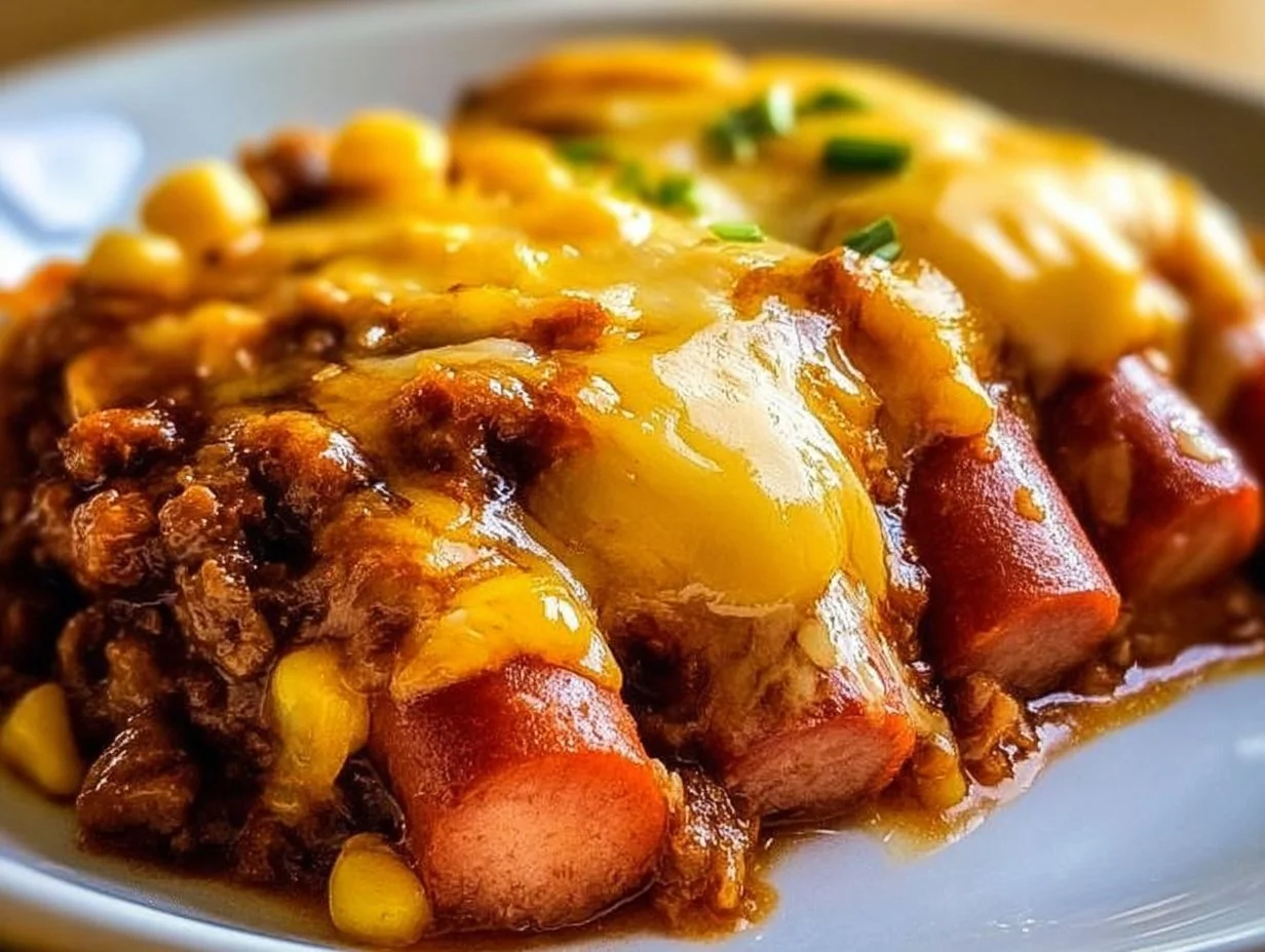 Keto Chilli Dog Casserole served in a baking dish topped with cheese and jalapeños.