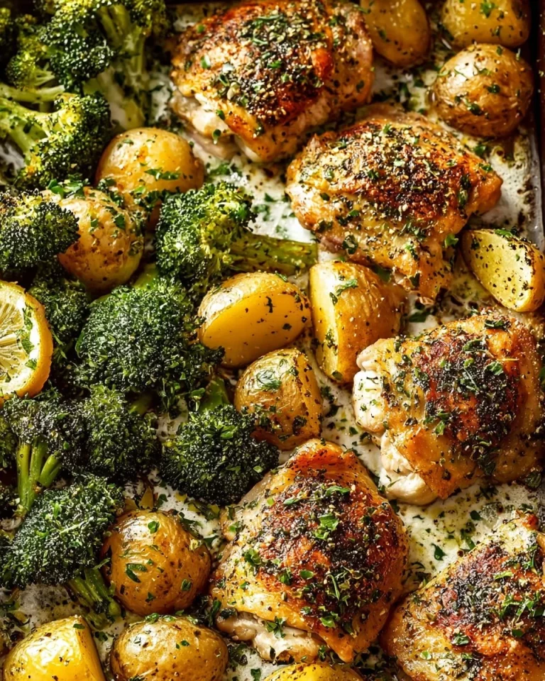 Lemon Garlic Chicken Thighs served with broccoli and potatoes on a plate