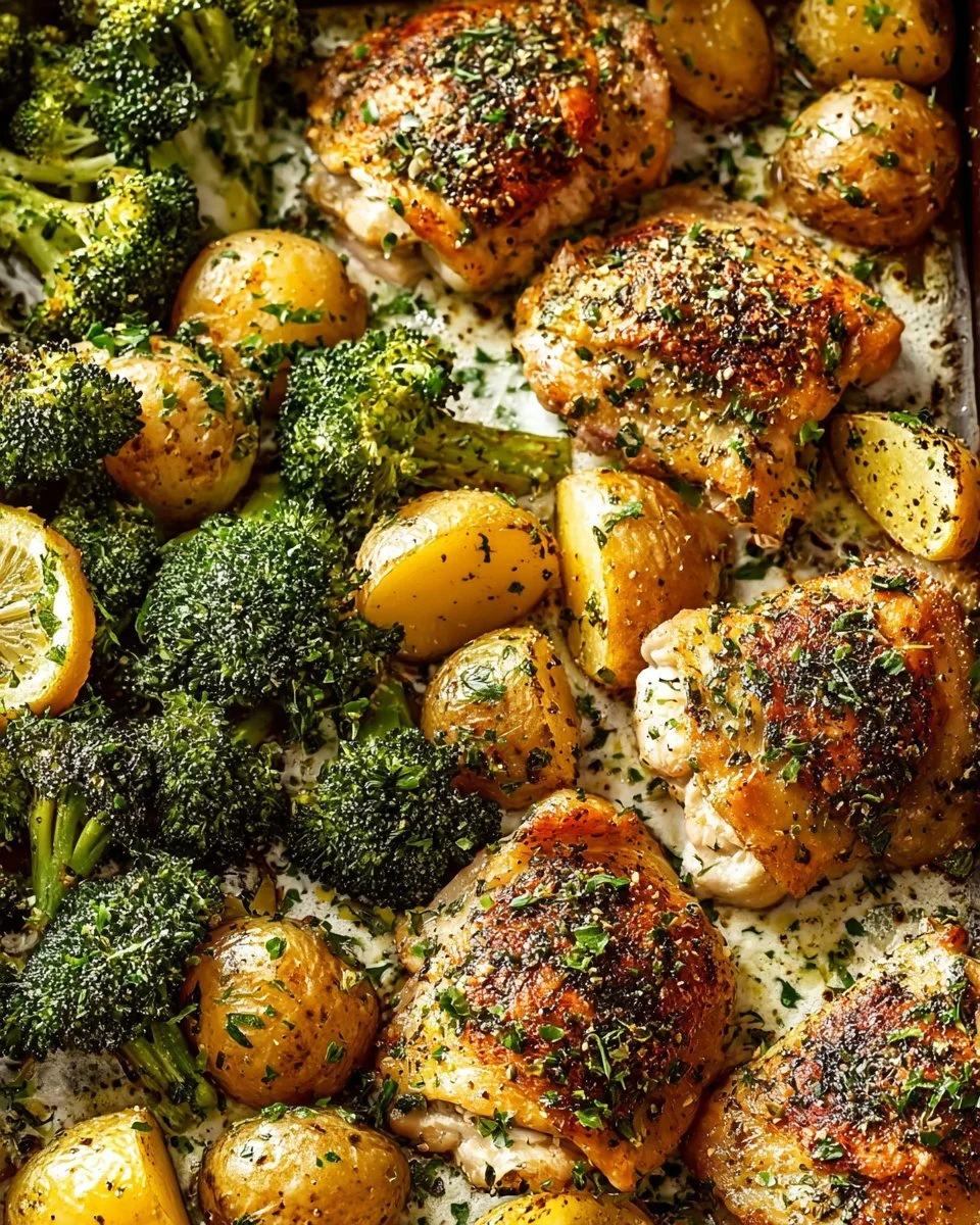 Lemon Garlic Chicken Thighs served with broccoli and potatoes on a plate
