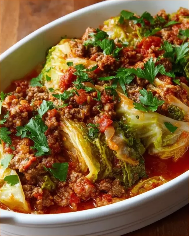 Low Carb Unstuffed Cabbage Casserole in a baking dish garnished with herbs