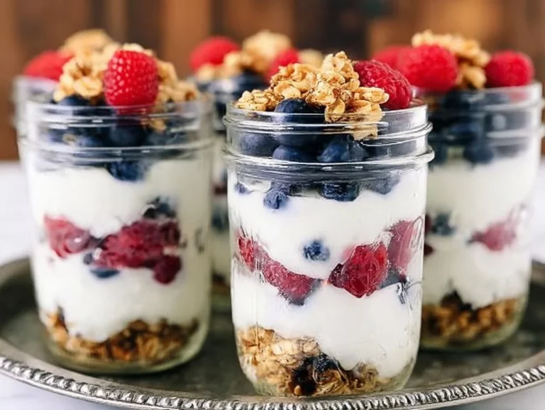 Colorful make-ahead fruit parfaits with yogurt in glasses topped with granola.