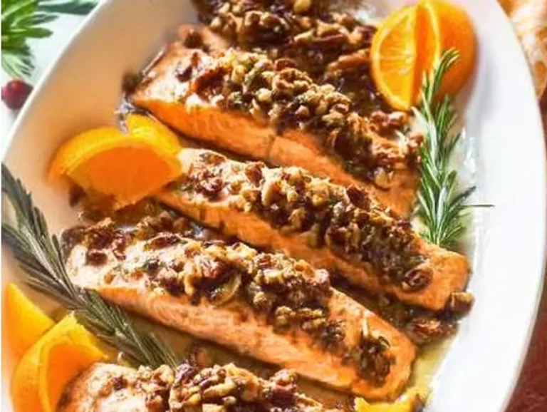 Maple-glazed baked salmon served with fresh herbs and lemon slice.