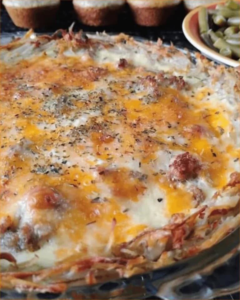 Delicious Meat and Potato Crust Quiche served with flax muffins and green beans