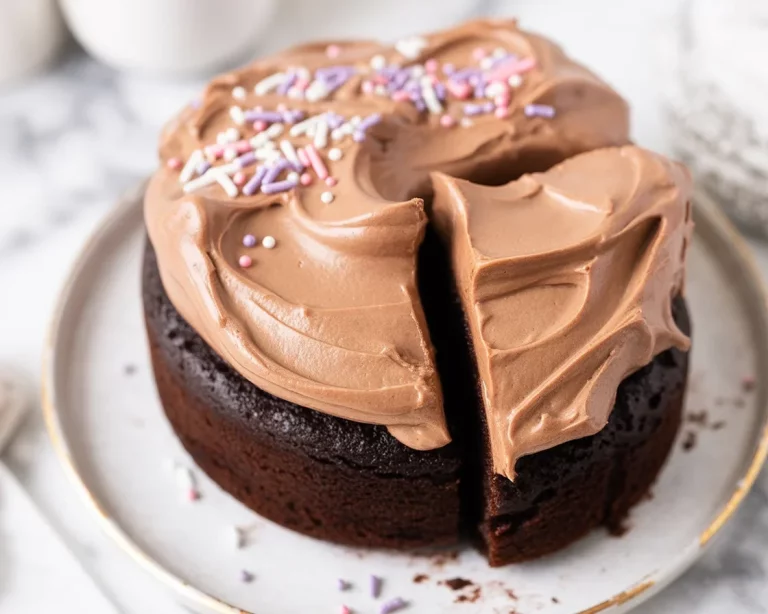 Moist Small Batch Chocolate Cake without eggs or mixer, topped with vegan buttercream.