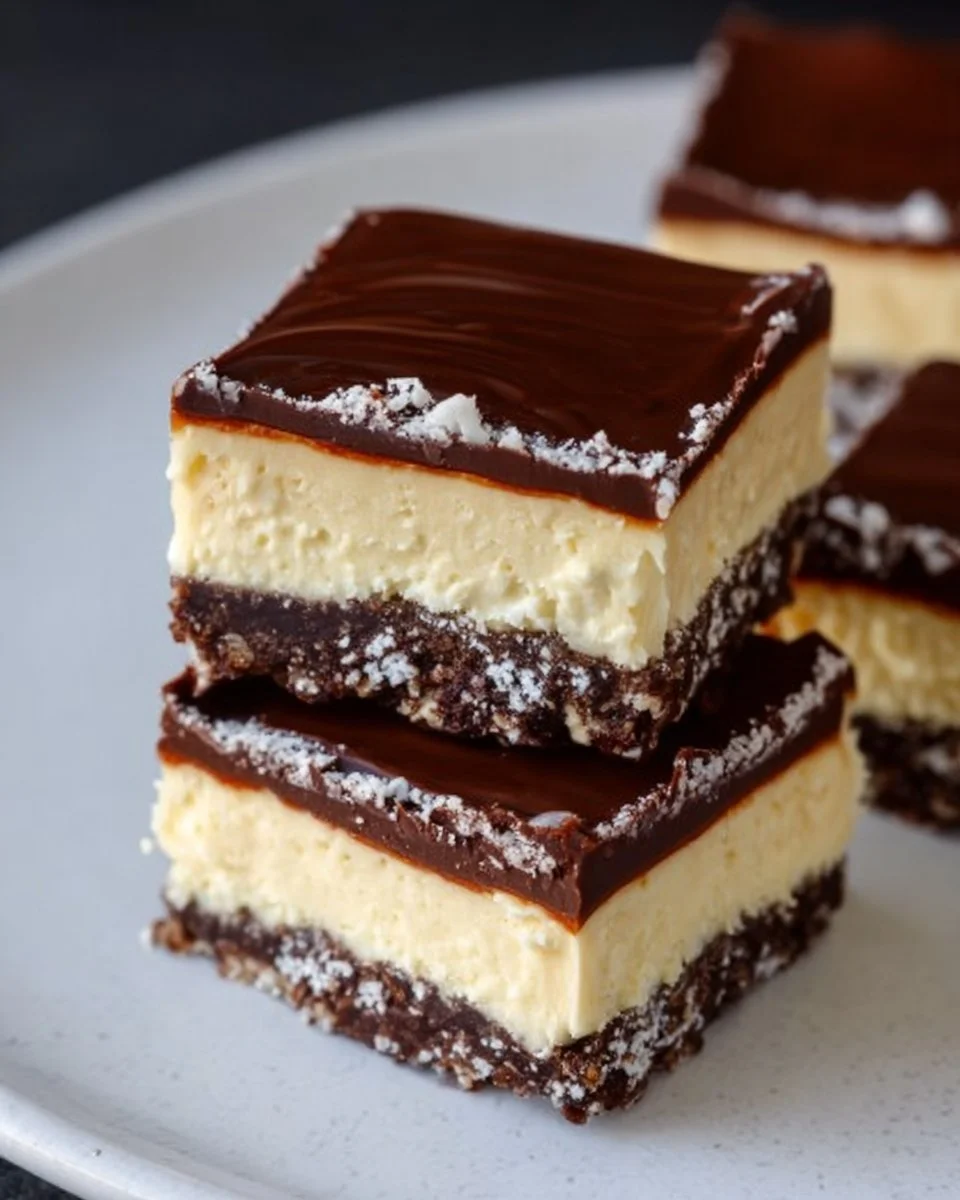 Delicious homemade Nanaimo Bars with layers of chocolate, custard, and coconut.