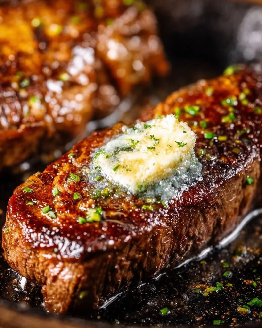 Grilled New York Strip steaks with herbs and spices on a wooden cutting board.