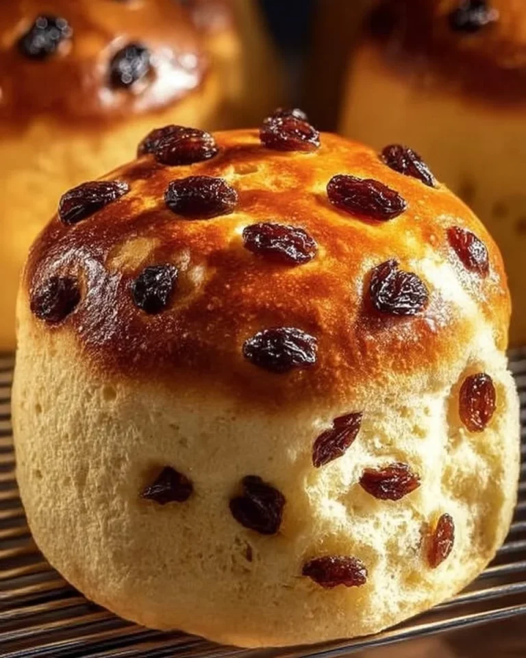 Freshly baked Newfoundland raisin buns on a wooden table.