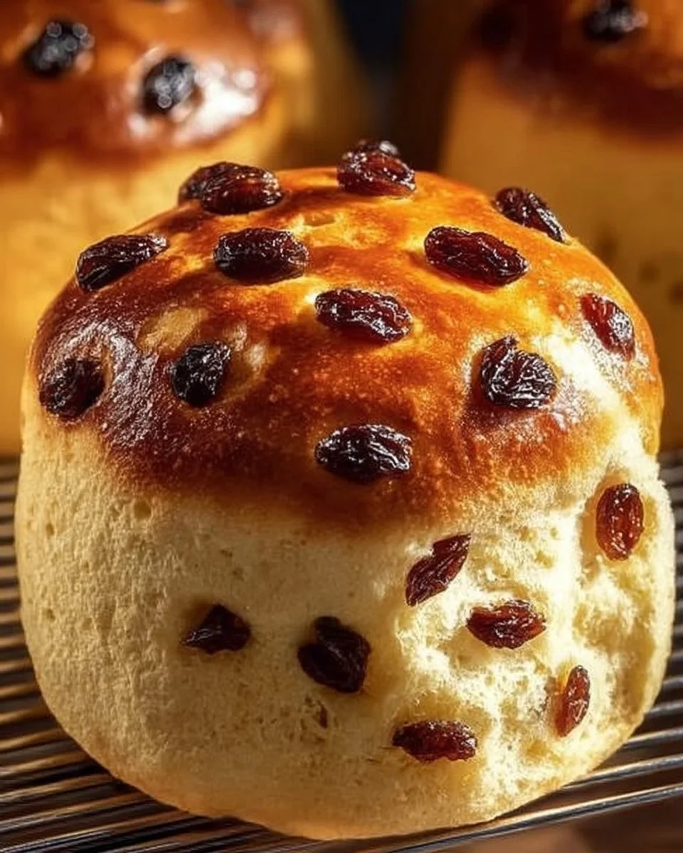 Freshly baked Newfoundland raisin buns on a wooden table.