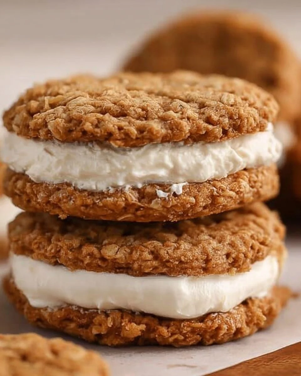Homemade oatmeal cream pies with creamy filling between soft cookies