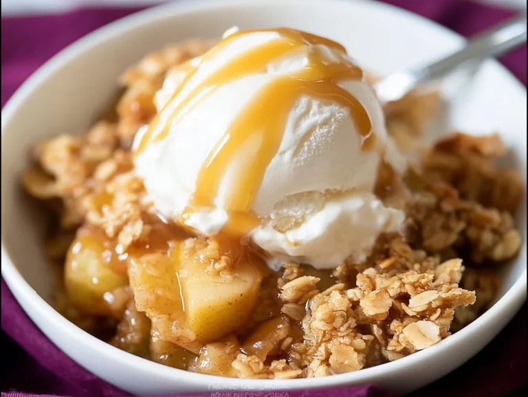 Bowl of Old Fashioned Easy Apple Crisp topped with vanilla ice cream