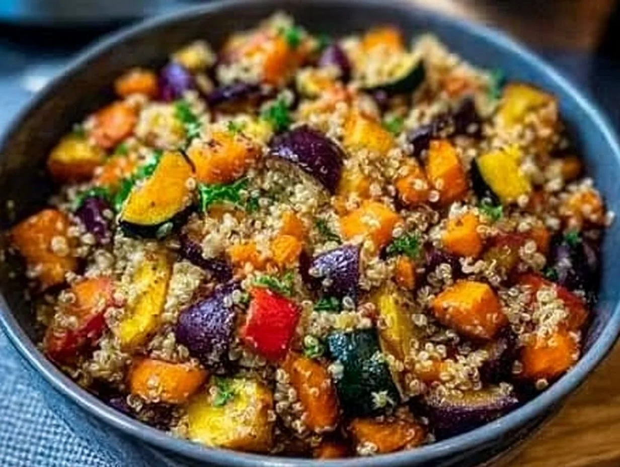 Bowl of quinoa with colorful roasted vegetables for a healthy meal.