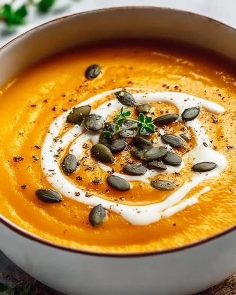 A bowl of roasted butternut squash soup garnished with herbs.