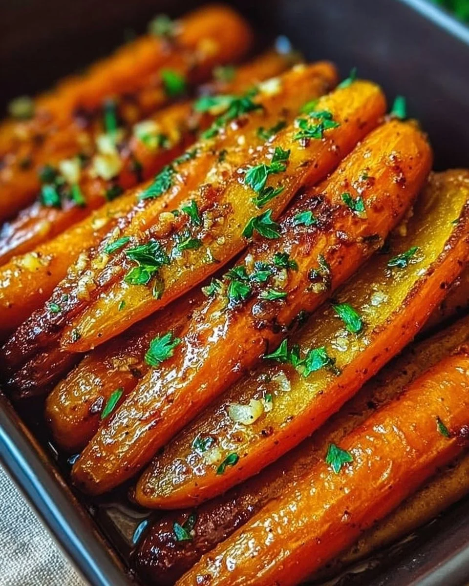 Plate of roasted carrots with maple Dijon glaze garnished with herbs.