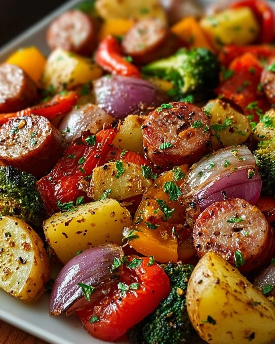 Roasted veggie and chicken sausage sheet pan dinner ready to serve