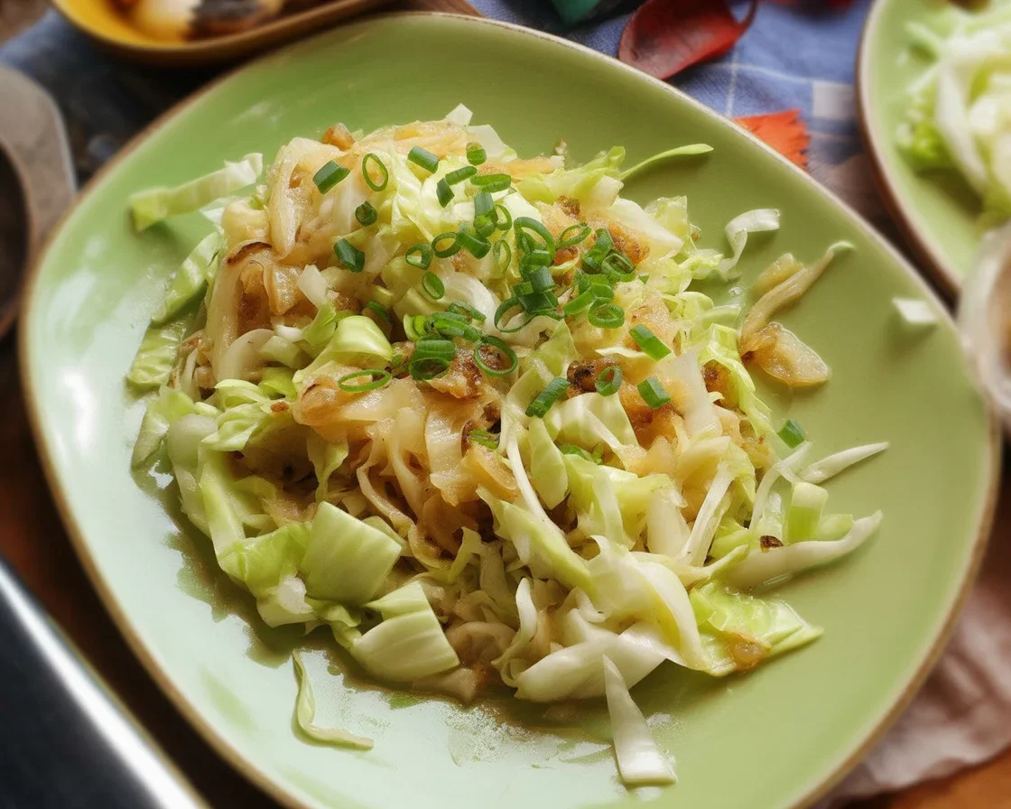 Delicious Fried Cabbage with Onions and Garlic served in a skillet.