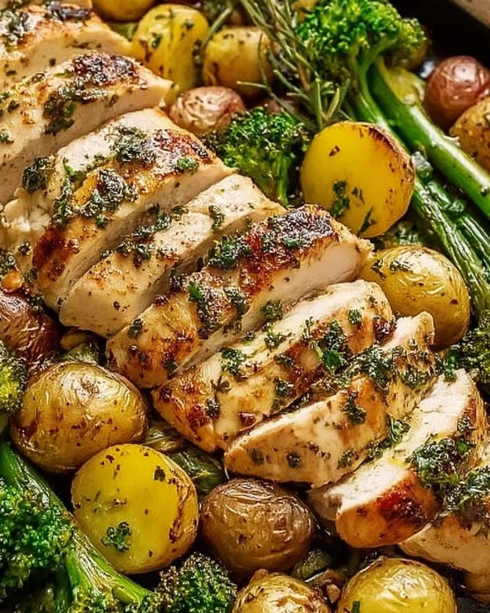 Sheet pan garlic butter chicken with colorful veggies ready to serve.