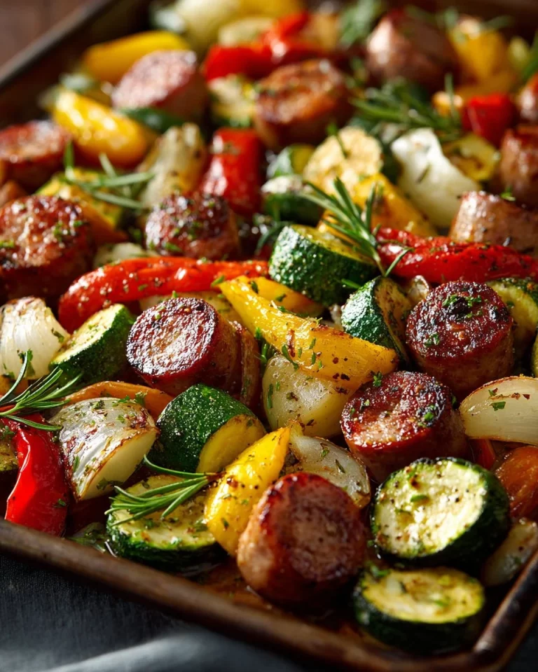 Sheet Pan Sausage and Veggies dish with colorful vegetables and sliced sausage