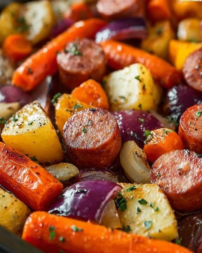 Sheet pan sausage and veggies roasted for a nutritious and flavorful meal.