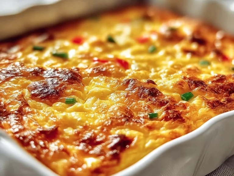 Simple egg bake casserole fresh from the oven, topped with vegetables and herbs