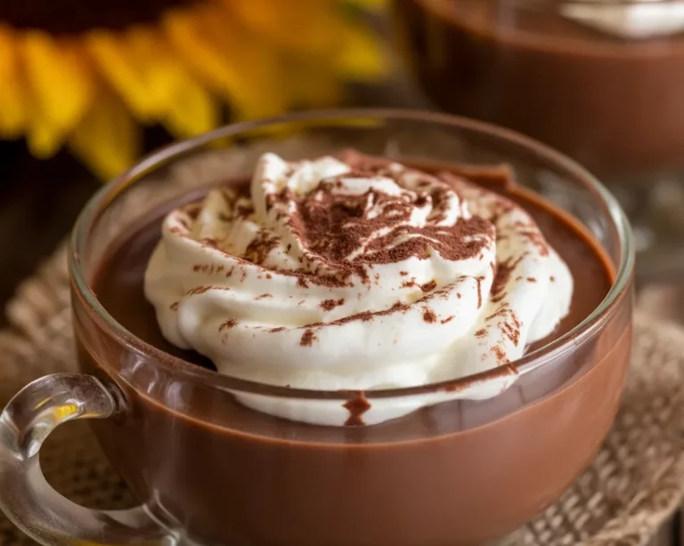 Homemade Old-School Chocolate Pudding in a small dish, topped with whipped cream.