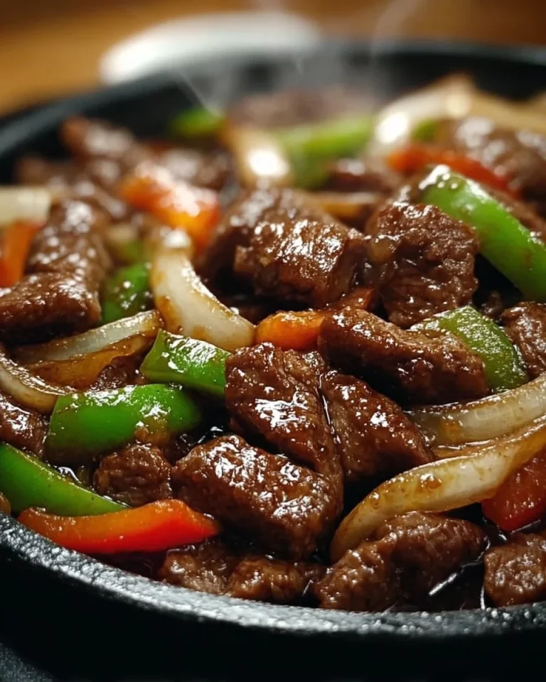 Delicious sizzling Chinese pepper steak with onions served on a plate