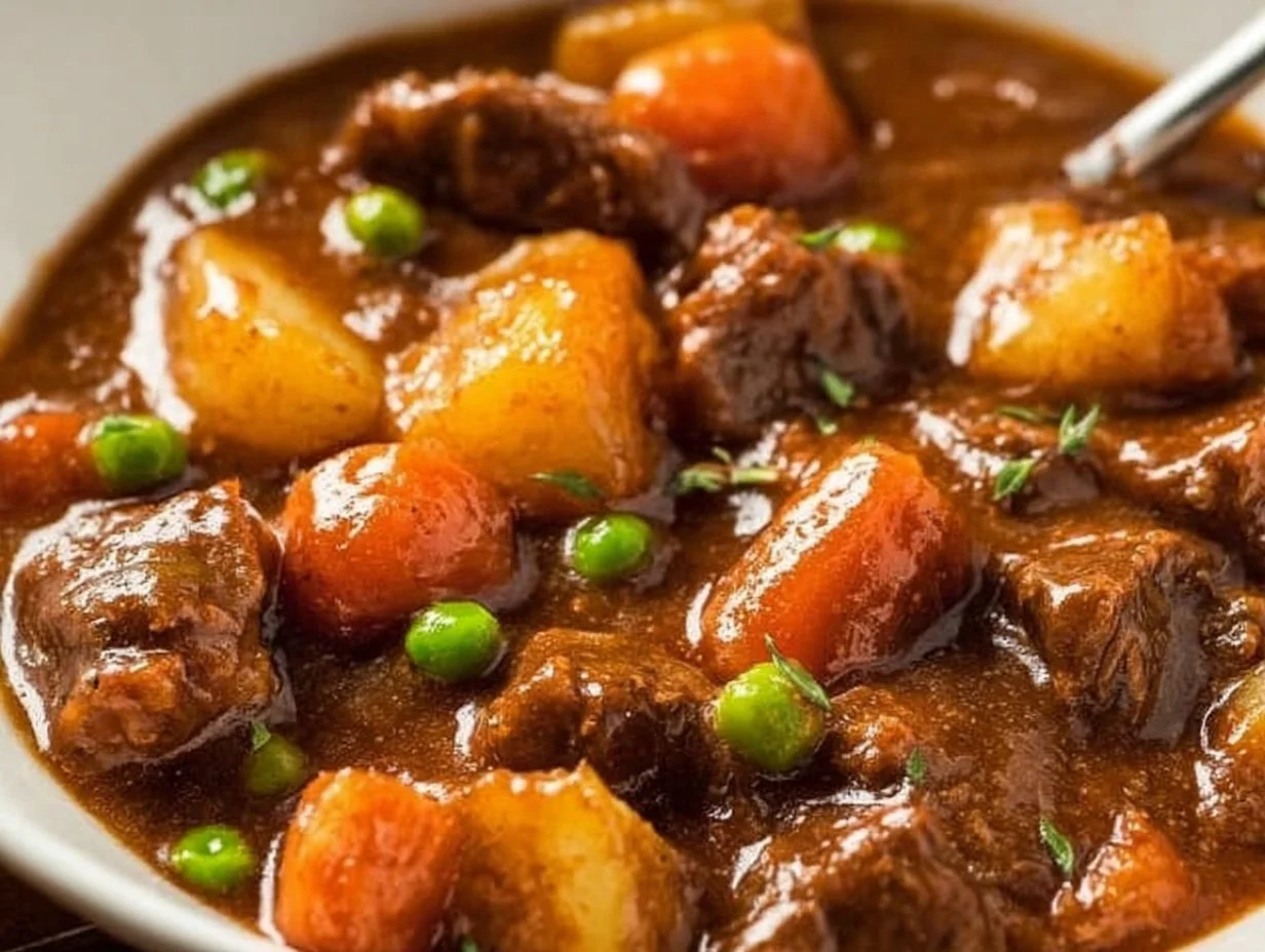 Bowl of slow cooker beef stew with vegetables and herbs