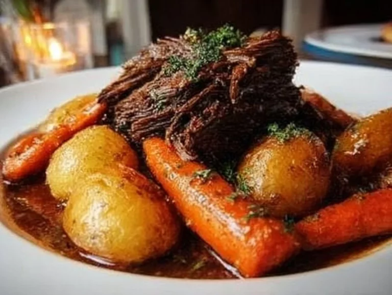 Delicious slow cooker pot roast served with vegetables and gravy.