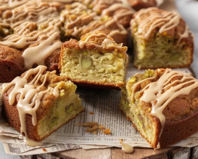 A delicious slice of Small-Batch Pistachio Cake with a sweet glaze served on a plate.