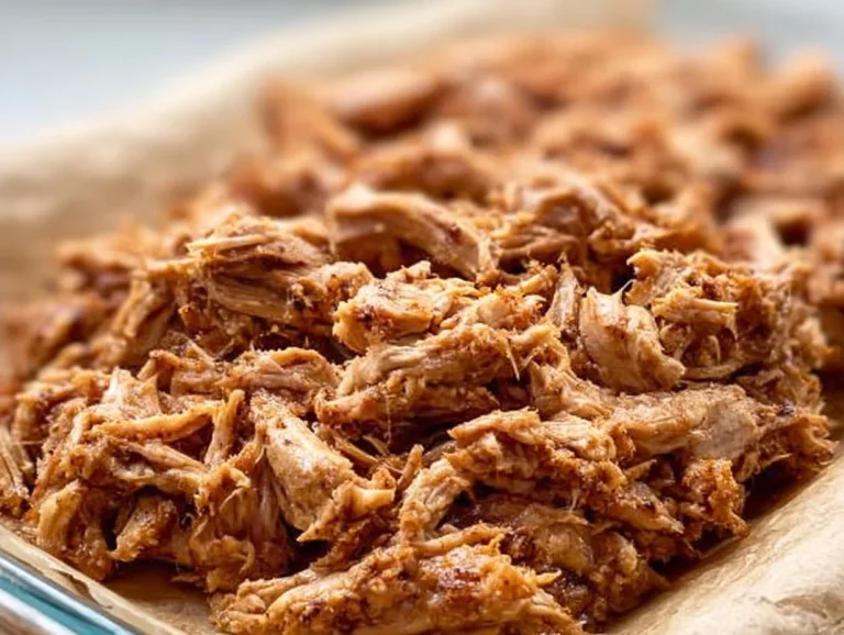 Smoked pulled chicken served on a plate with sauce and garnishes
