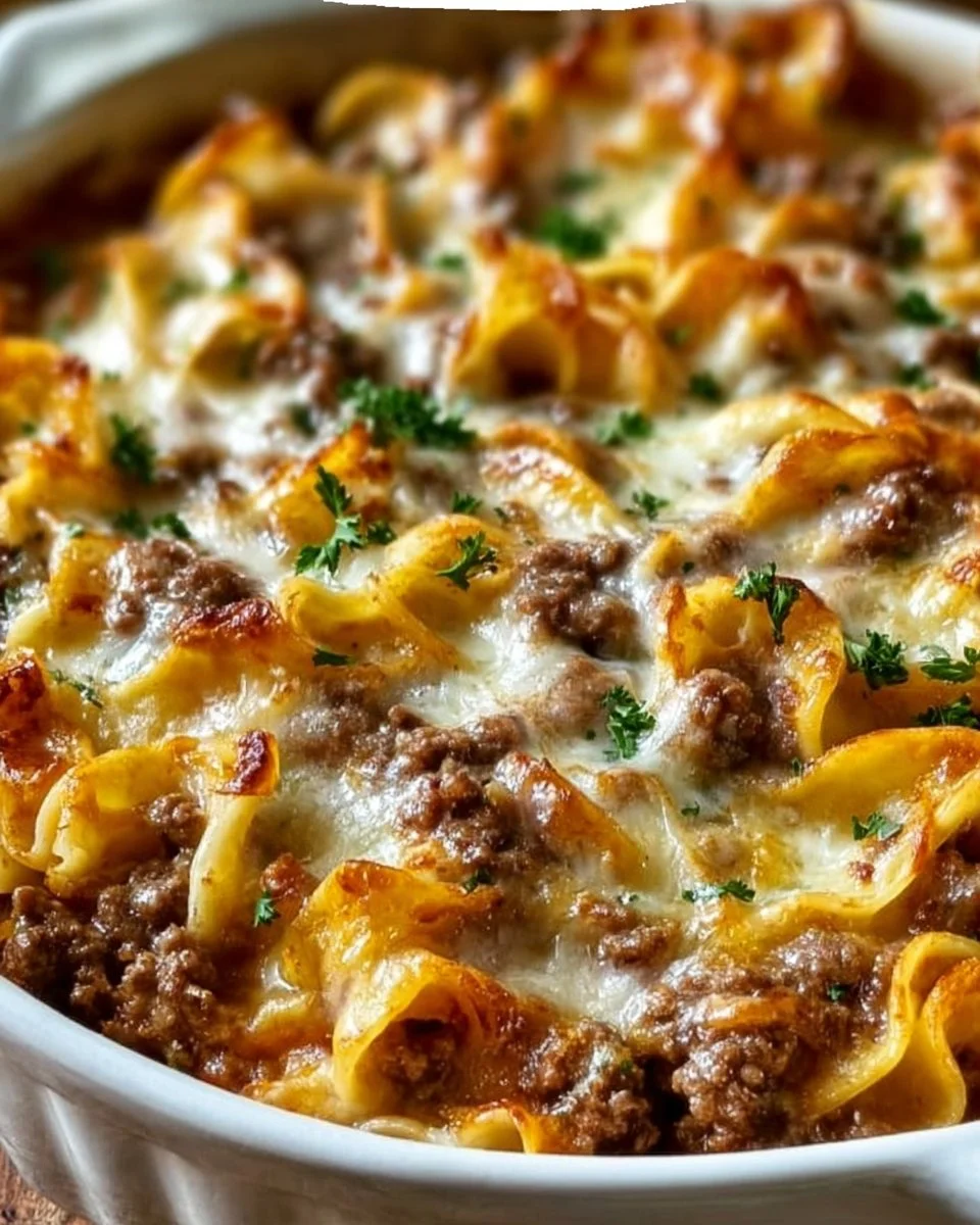 Sour Cream Beef Noodle Bake dish served in a rustic bowl