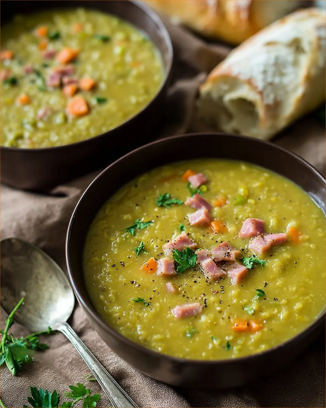 Bowl of homemade split pea soup garnished with herbs and bread on the side