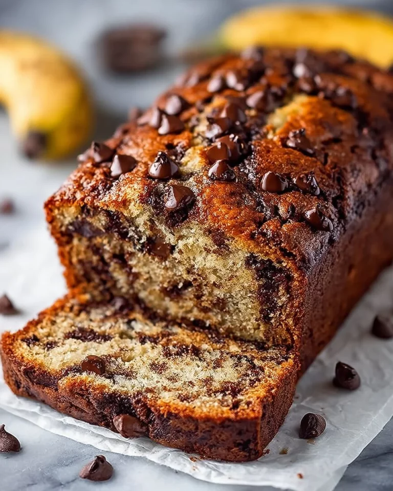 Delicious super moist chocolate chip banana bread ready to be served