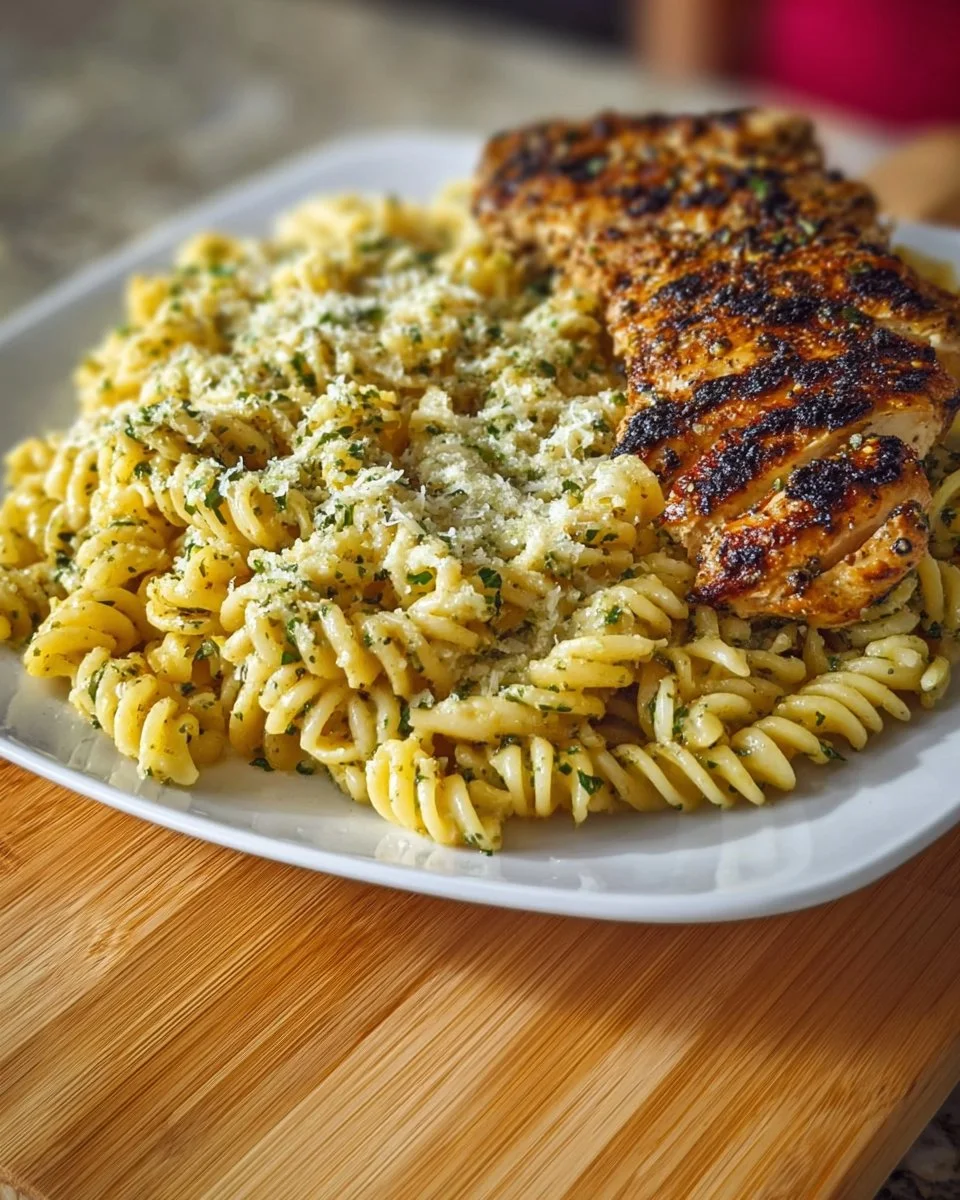 Plate of creamy garlic parmesan chicken pasta garnished with parsley