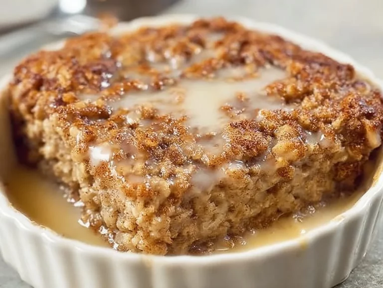 Delicious cinnamon roll baked oatmeal served in a bowl with cinnamon and nuts