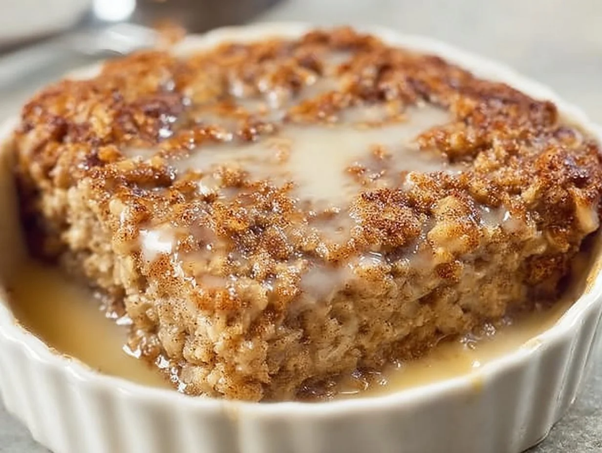 Delicious cinnamon roll baked oatmeal served in a bowl with cinnamon and nuts