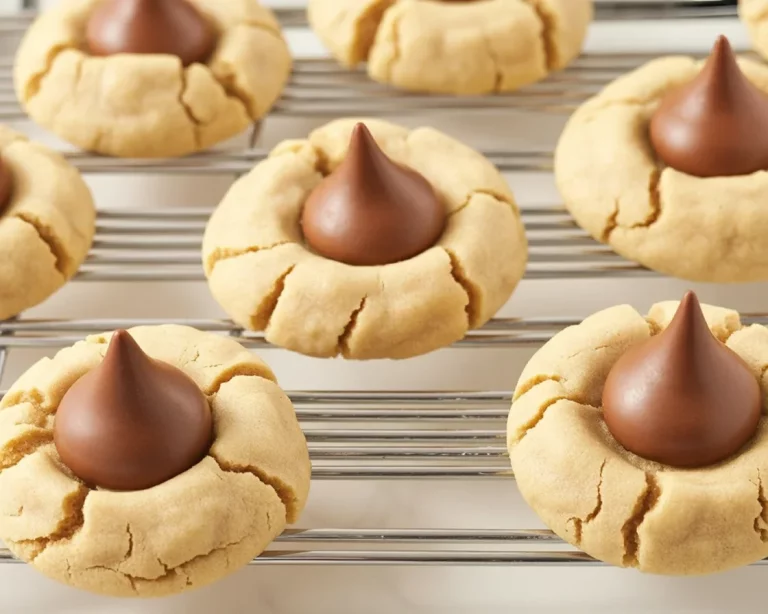 Vintage Peanut Butter Blossom Cookies topped with Hershey's kisses on a baking tray.