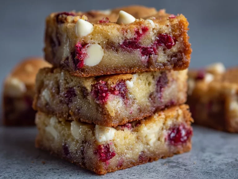 White chocolate cranberry orange blondies stacked on a plate