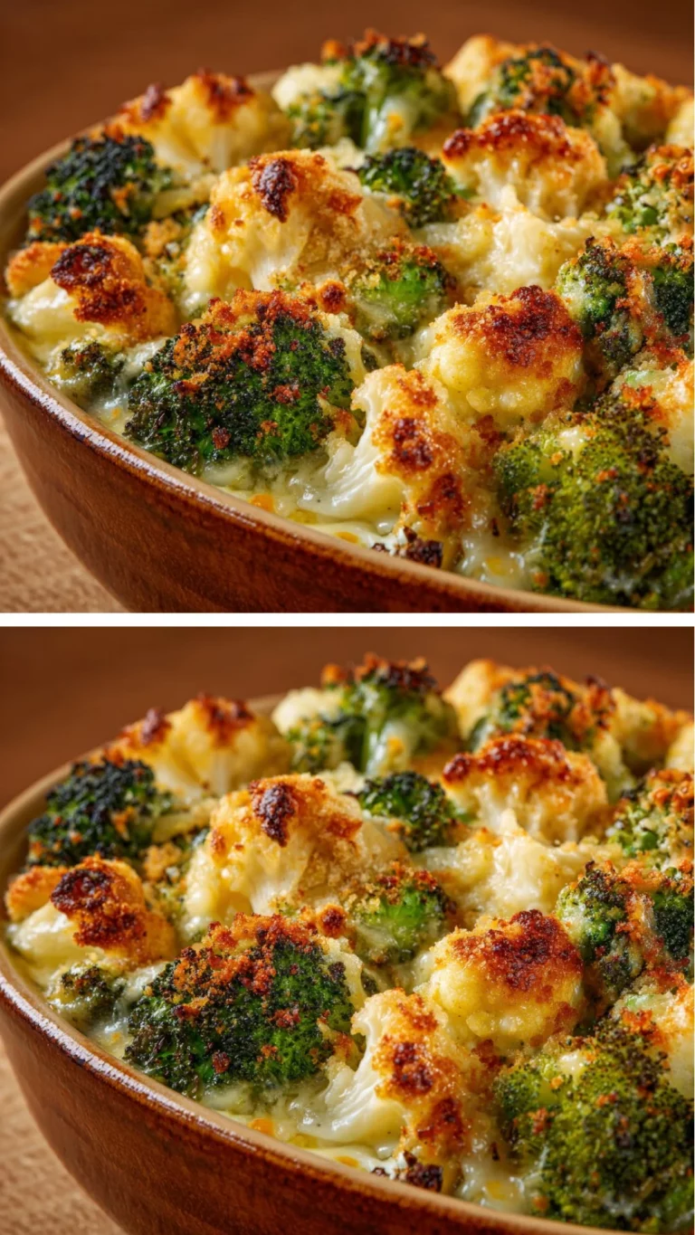 Cheesy broccoli and cauliflower bake served in a casserole dish