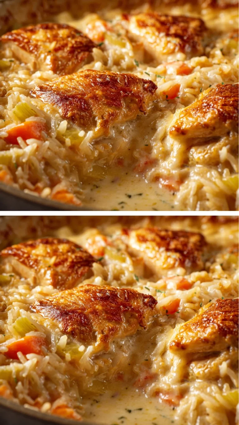 Creamy baked chicken and rice casserole topped with herbs