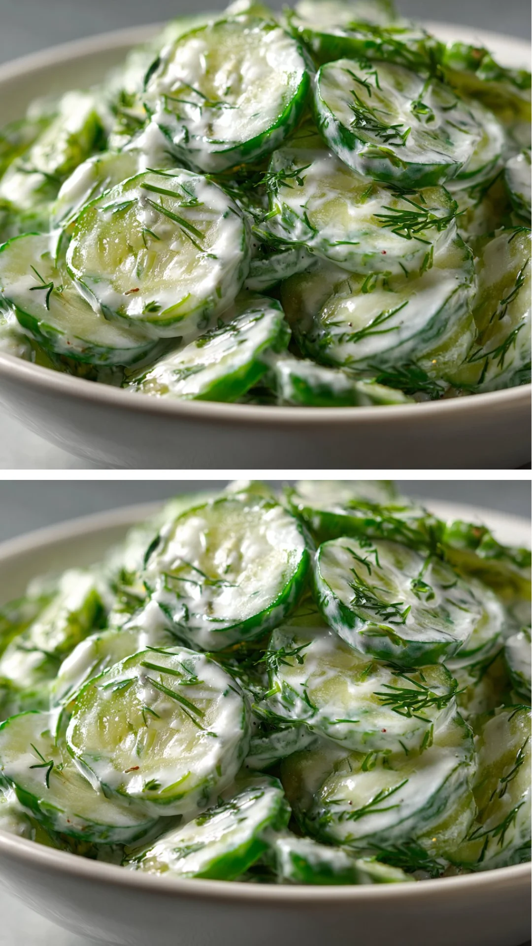 Creamy cucumber and dill salad in a bowl, garnished with fresh herbs