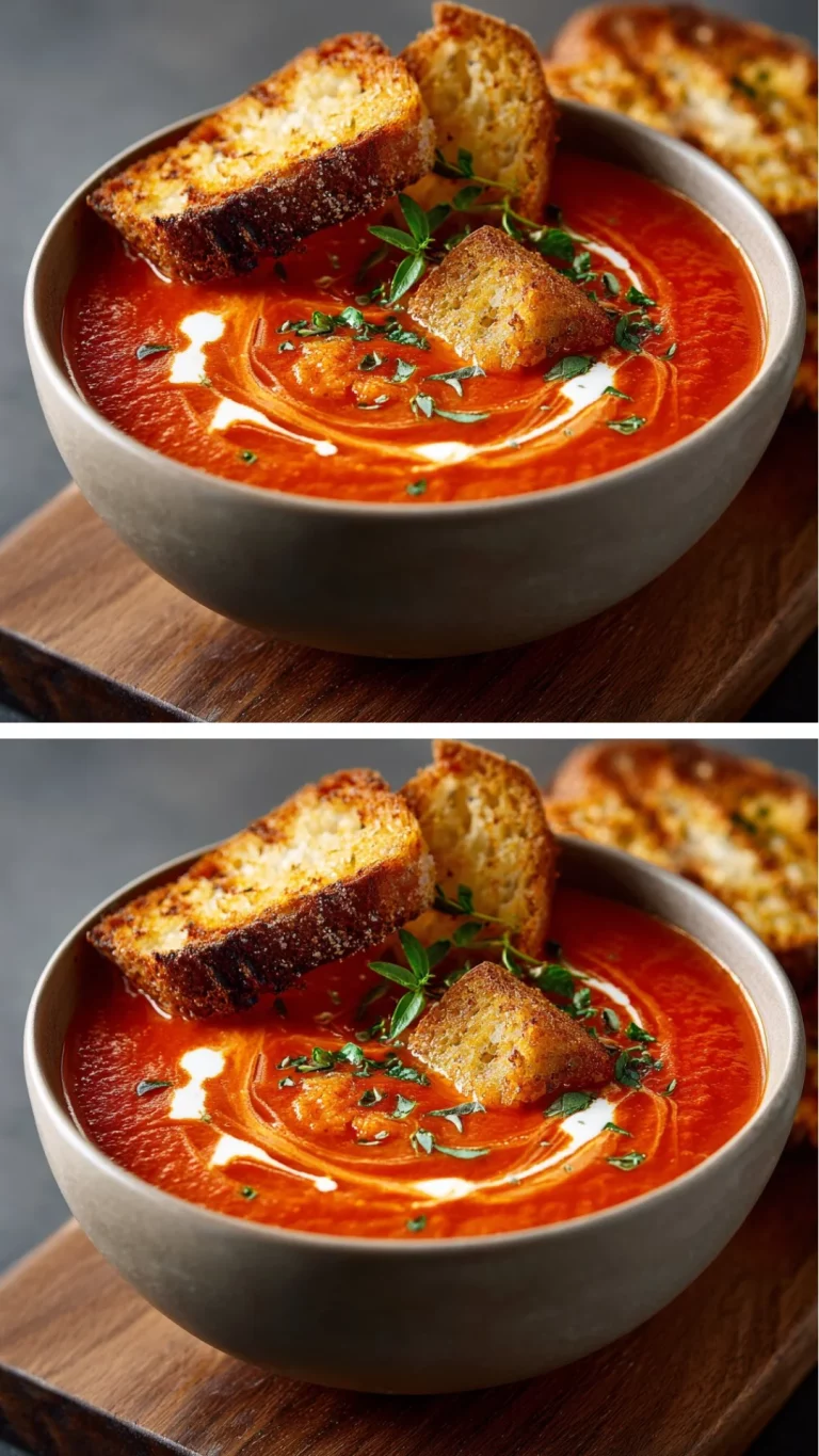 Bowl of creamy tomato soup garnished with fresh basil and cream