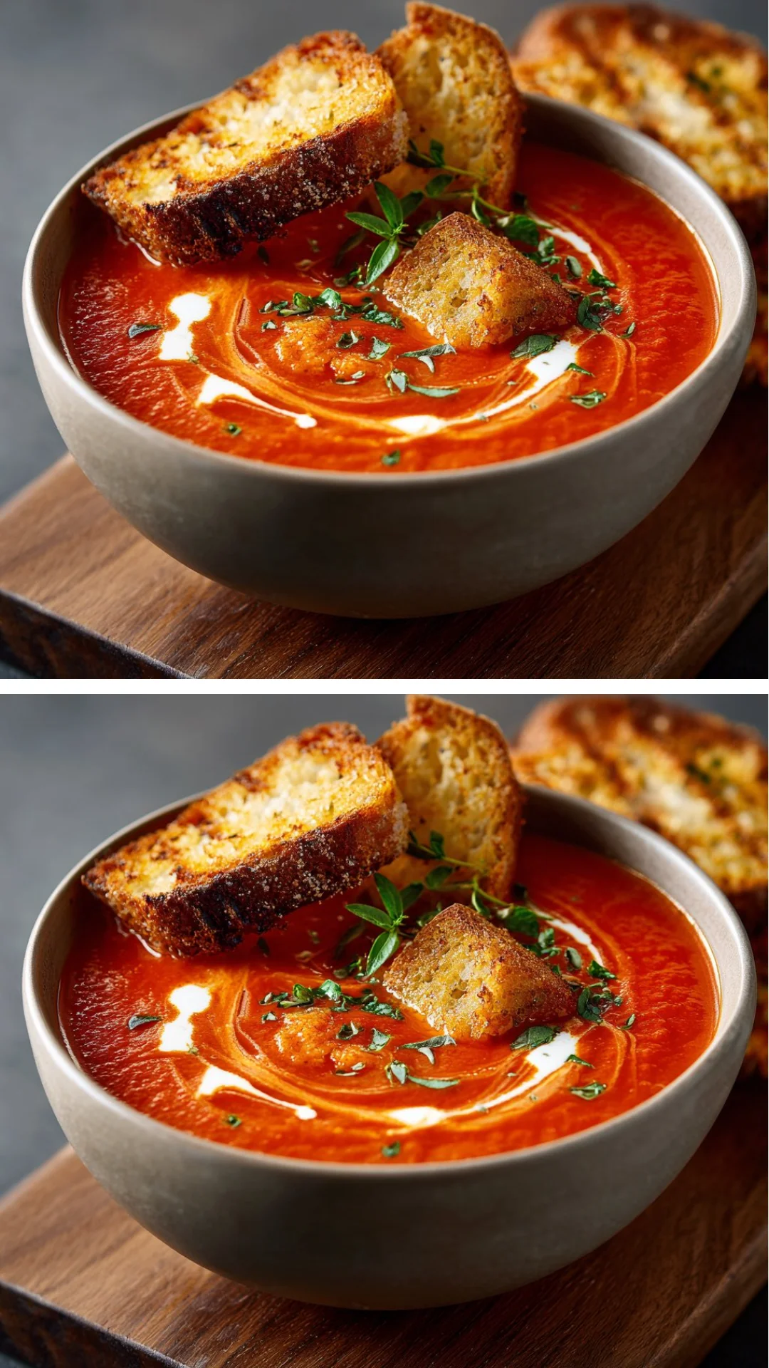 Bowl of creamy tomato soup garnished with fresh basil and cream