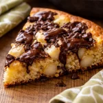 Flourless Pear Almond Skillet Cake served with powdered sugar and fresh pears.